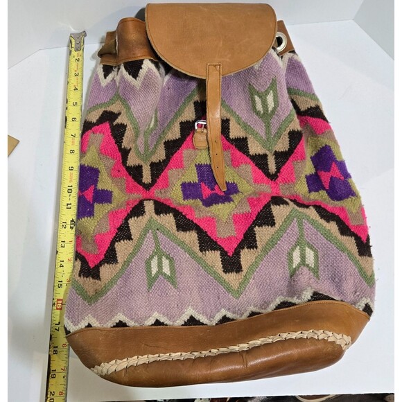 Vintage Handmade Ecuador 100% Wool Colorful Kilim Rug Hike Travel Backpack 19\